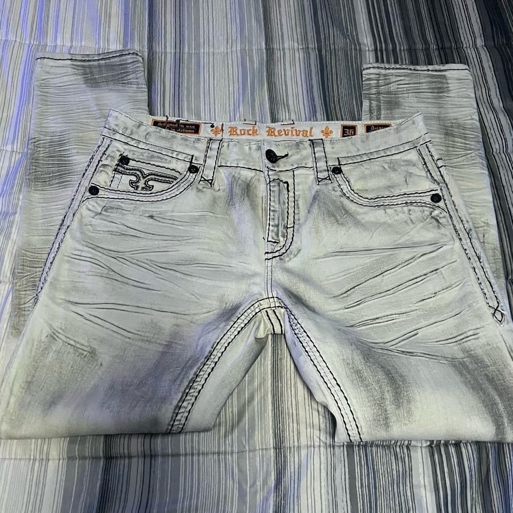 Rock Revival Light Grey Slim Straight Jeans with Embroidered Flame Pockets - Picture 2 of 2